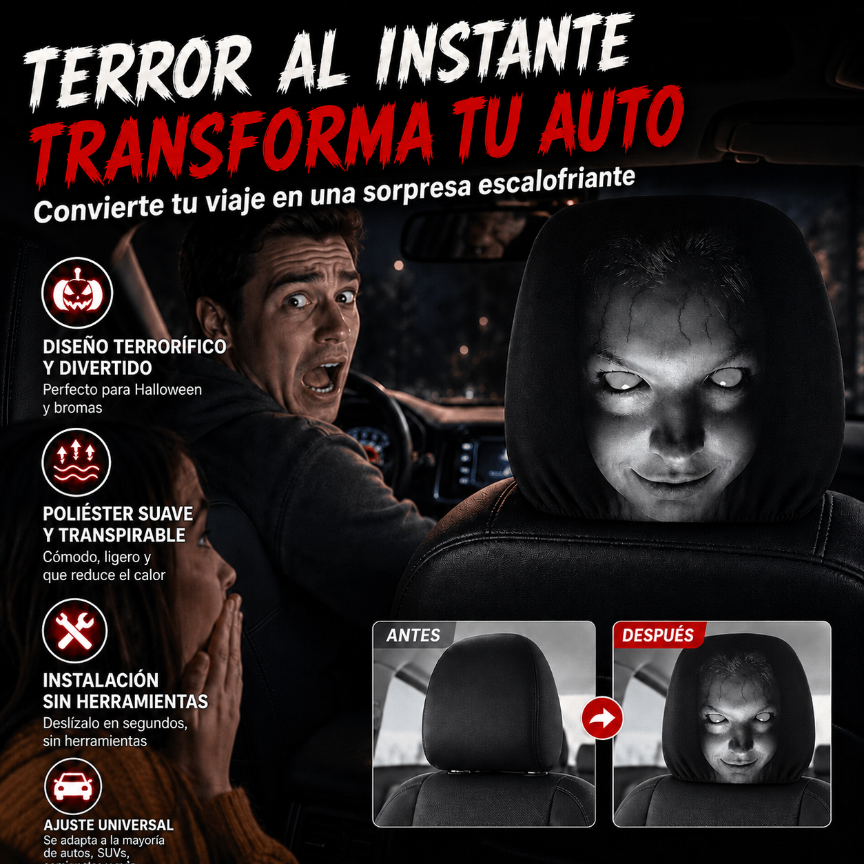 HorrorHead™ Fundas Aterradoras para Cabeceros de carro💀🚗